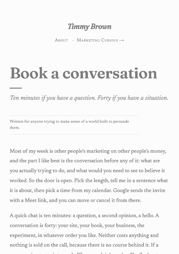 The booking page on timmybrown.co.nz: a short form asking for a name, an email, the length of the call and what it is about, then the form disappears and Google's booking page loads in a frame underneath the heading Pick a time.